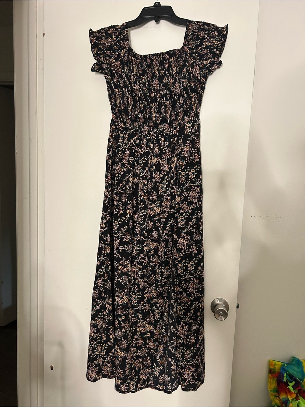 SHEIN Black Floral Smocked Maxi Dress with Pink and Teal Accents